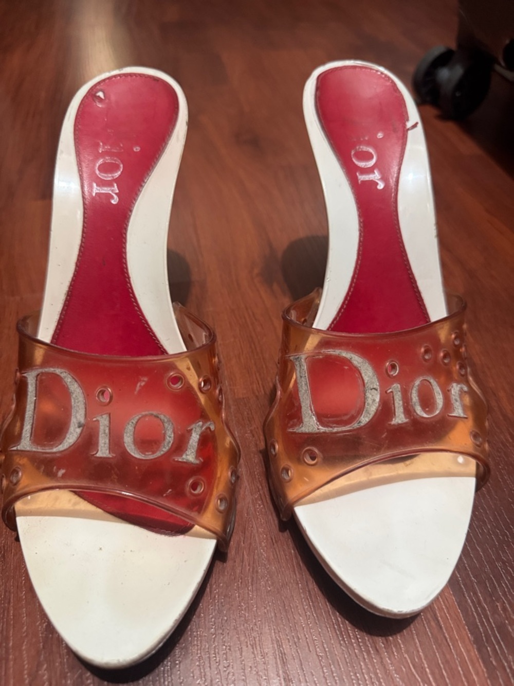 Dior Amber Transparent Logo Slide Mules with Red Insole